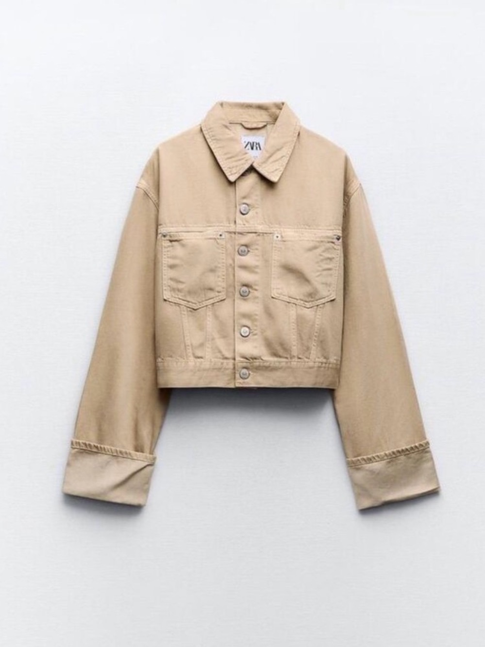 Zara TRF Distressed Cropped Denim Jacket L Tan Beige Cotton Blend Chic